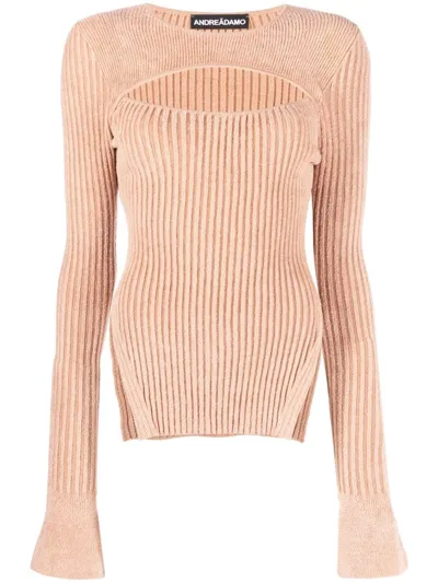 Andreädamo Ribbed Knit Top With Cut-out In Nude & Neutrals