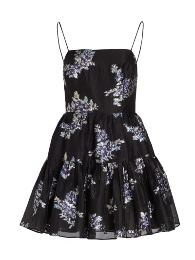 ml Monique Lhuillier Metallic Floral Brocade Organza Tiered Minidress In Black