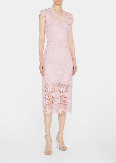 Monique Lhuillier Semi-sheer Lace Midi Dress In Pale Pink