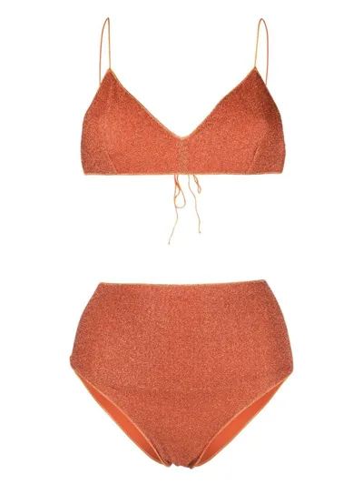 Oseree Lumiére Metallic High-waist Bikini Set In Orange