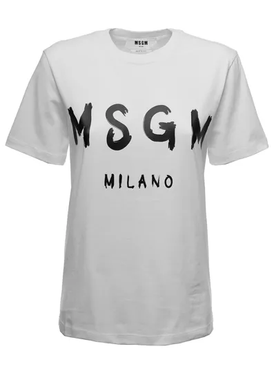 Msgm Woman's White Jersey T-shirt With Logo Print