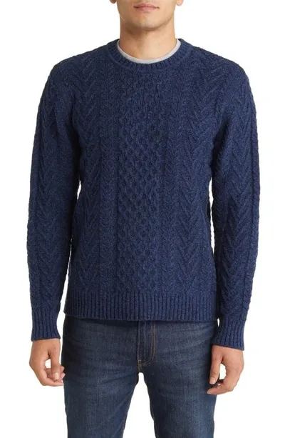 Schott Cable Stitch Crewneck Wool Blend Sweater In Denim