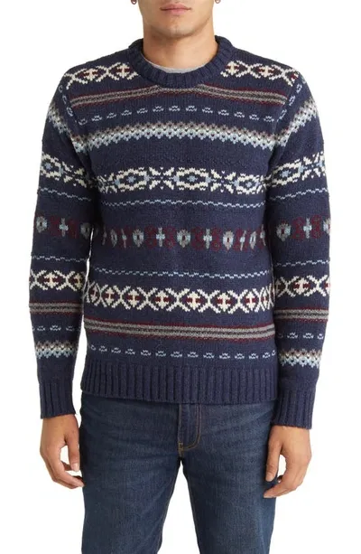 Schott Fair Isle Crewneck Wool Blend Sweater In Navy