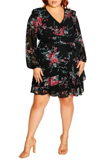 City Chic Lauren Floral Long Sleeve Dress In Black Whimsical Fl