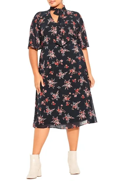 City Chic Alexandra Floral Tie Neck Midi Dress In Black Ditsy Bloom