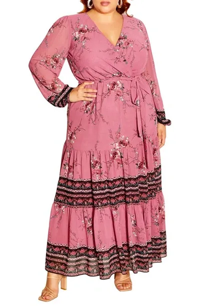 City Chic Pippa Floral Long Sleeve V-neck Maxi Dress In Rosey Whimsical Bord