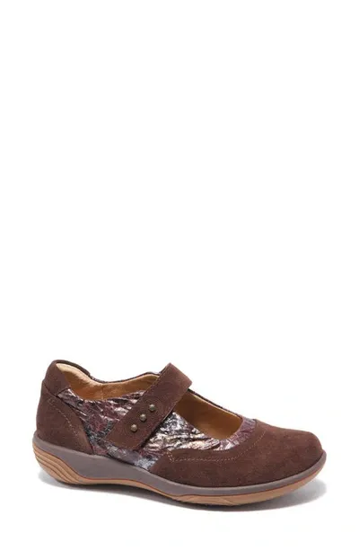 Halsa Footwear Aloe Mary Jane In Dark Brown Suede With Foliage