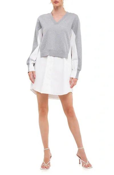 English Factory V-neck Layered Sweatshirt Dress In Heather Grey