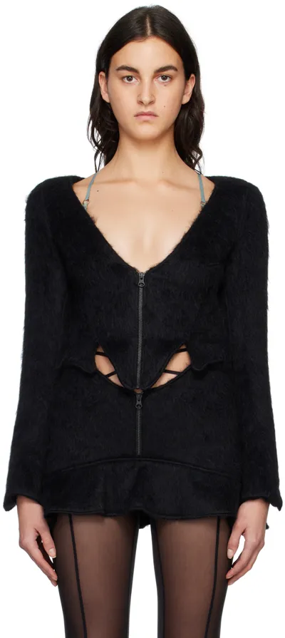 Knwls Claw Asymmetric Furry Wool Blend Crop Jacket In Black