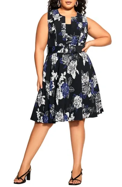 City Chic Isabel Pleated Floral Fit & Flare Dress In Black Epic Floral