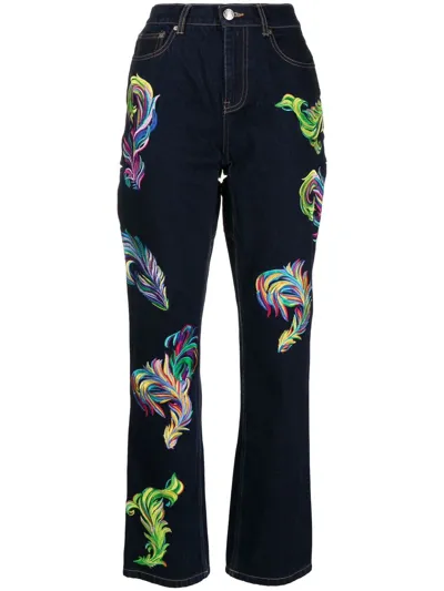 Area Embroidered Feather Back-slit Jeans In Blue