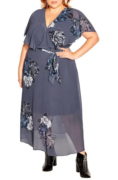 City Chic Bouquet Floral Faux Wrap Maxi Dress In Blue