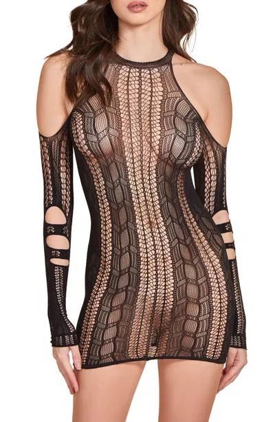 Hauty Cold Shoulder Long Sleeve Fishnet Chemise In Black