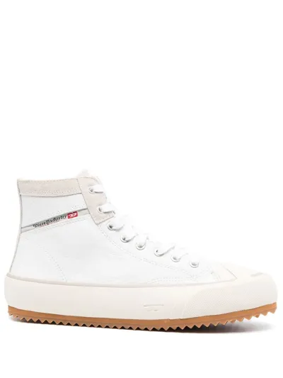 Diesel S-principia Cotton And Leather Mid-top Trainers In White