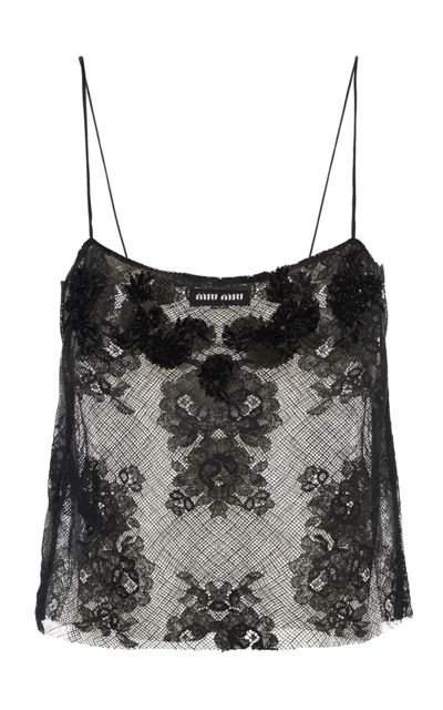 Miu Miu Embroidered Lace Crop Top In Black