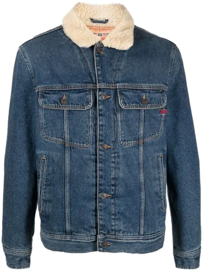 Diesel Faux Shearling Collar Denim Jacket In Blue