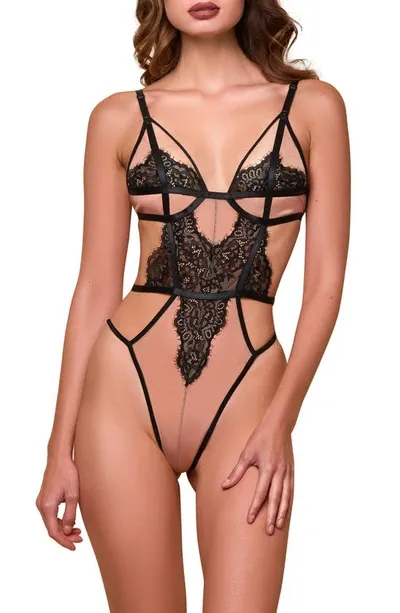 Hauty Stappy Lace & Mesh Teddy In Nude-black