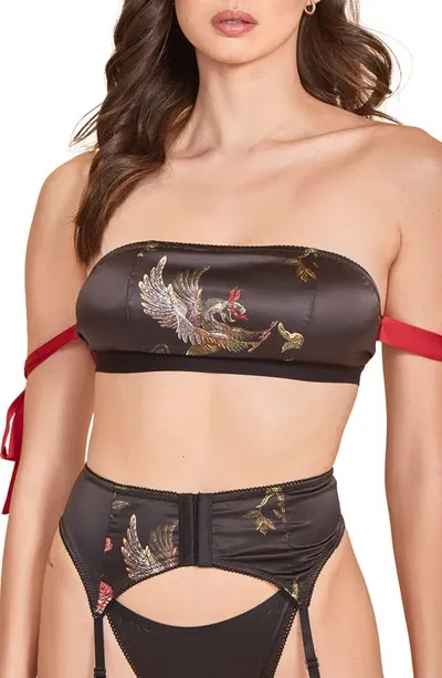 Hauty Printed Satin Bandeau Bra, Garter Belt & Thong In Red-black