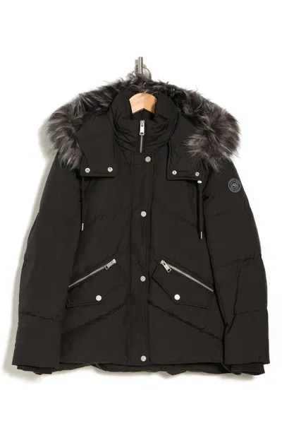 Andrew Marc Essential Water Resistant Down Puffer Faux Fur Hooded Jacket In Black