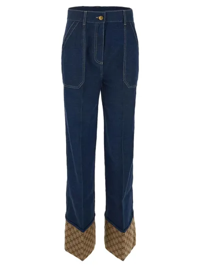 Gucci High Waist Cotton Jeans In Blue,beige