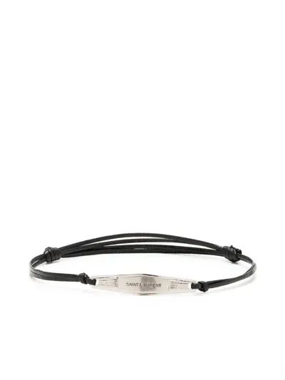 Saint Laurent Logo-plaque Leather Bracelet In Black