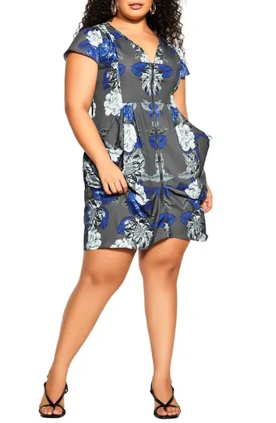 City Chic Epic Floral Zip-up Dress In Slate Epic Floral