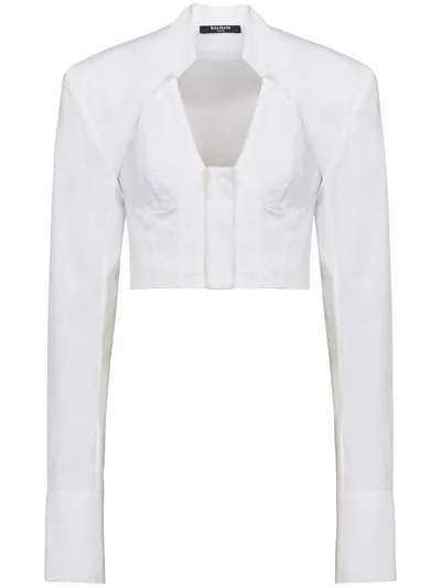 Balmain Cropped Cotton Poplin Corset Top In Blanc