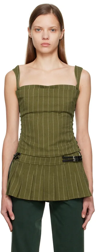 Miaou Khaki Vallois Corset In Olive Pinstripe