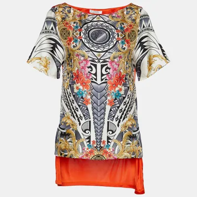 Pre-owned Versace Multicolor Printed Silk & Jersey Hi-low Hem Top S