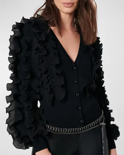 Anne Fontaine Ciline Ruffle-trim Button-down Cardigan In Black