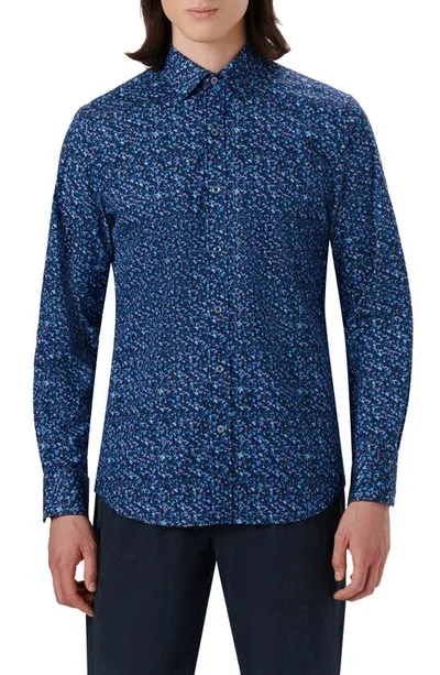 Bugatchi Julian Shaped Fit Floral Print Stretch Cotton Button-up Shirt In Midnight