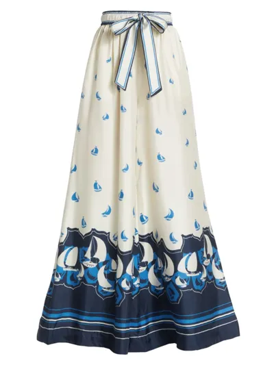 Zimmermann High Tide Relaxed Wide Leg Silk Pants In Blue Sailboats