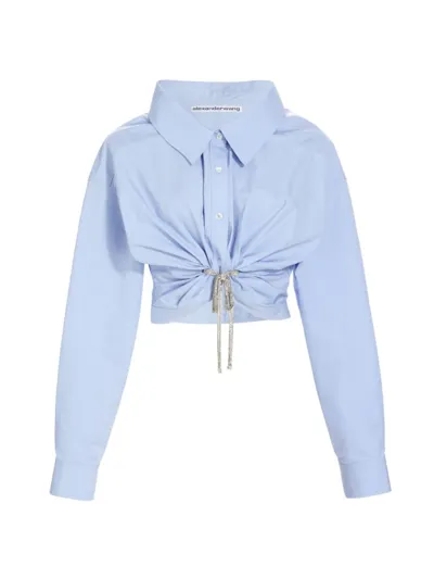 Alexander Wang Athena Crystal Tie Off The Shoulder Crop Cotton Blouse In Oxford