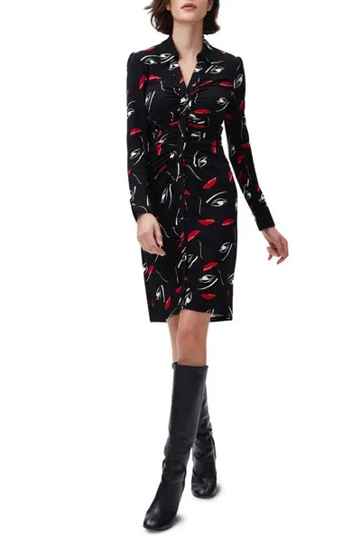 Dvf Sheska Face Print Ruched Long Sleeve Shirtdress In Fface