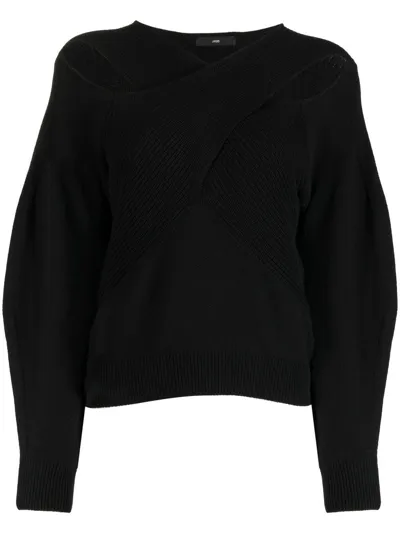 J Koo Crossover-neck Ribbed-knit Jumper In Black