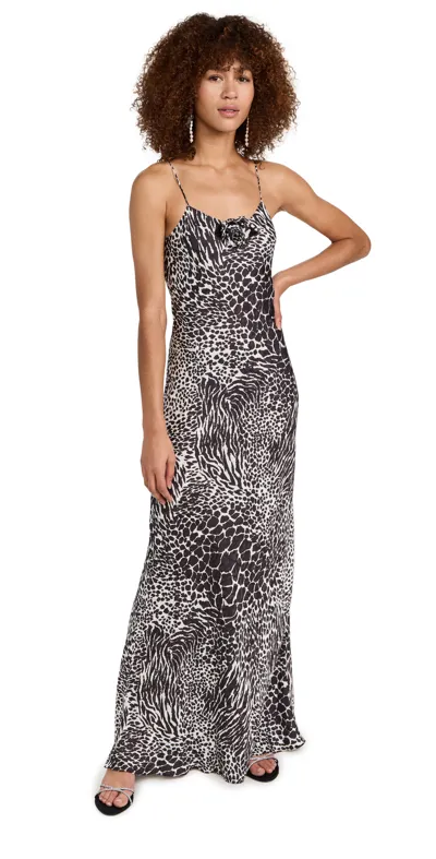 Rodarte Black And White Zebra Printed Silk Jacquard Bias Gown Length Slip With Silk Flower Detail