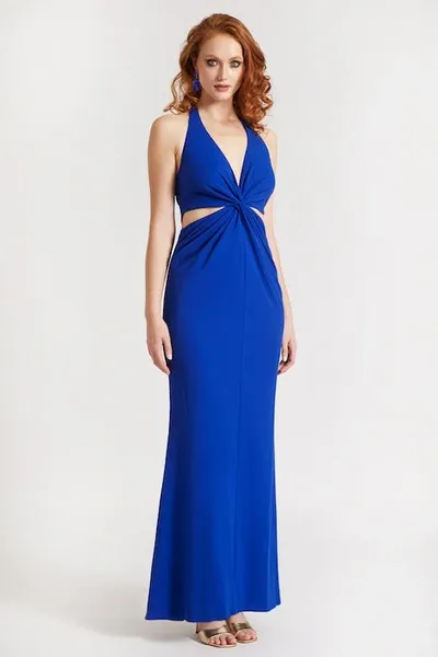 One33 Social Cutout Twisted Crepe Halterneck Gown In Cobalt