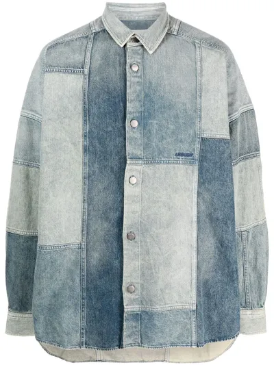 Ambush Patchwork Cotton Denim Shirt In Mid Blue