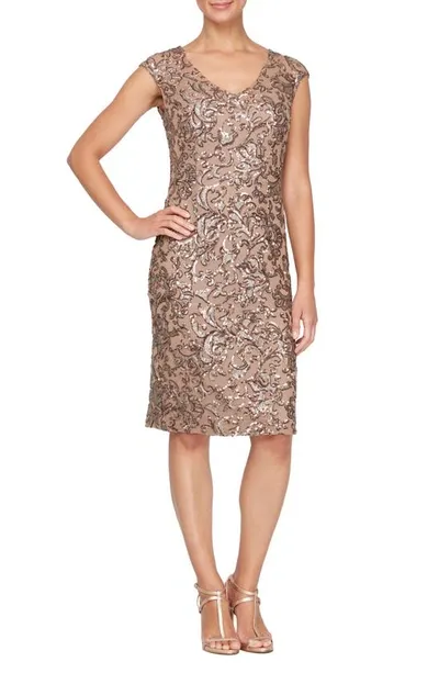 Alex Evenings Sequin Cap Sleeve Sheath Cocktail Dress In Brown