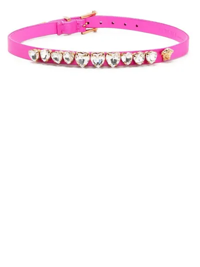 Versace Crystal Heart Satin Choker In Pink,crystal