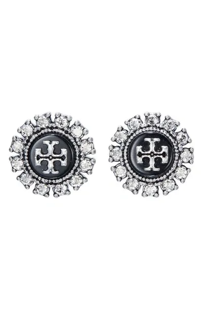 Tory Burch Kira Crystal Stud Earrings In Antique Pewter