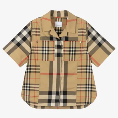 Burberry Teen Girls Beige Check Shirt In Beige,black