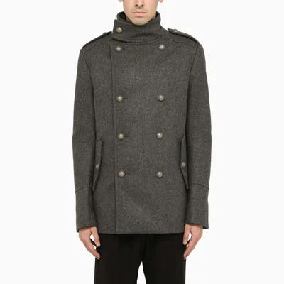 Balmain Grey Wool Military Caban