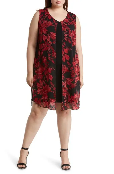 Connected Apparel Floral Chiffon Overlay Cape Dress In Red