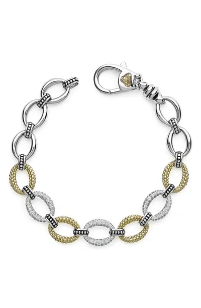 Lagos Stainless Steel & 18k Yellow Gold Caviar Luxe Diamond Link Bracelet In Silver/gold