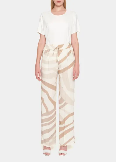 Kiton Abstract-print Drawstring Silk Wide-leg Pants In Beige