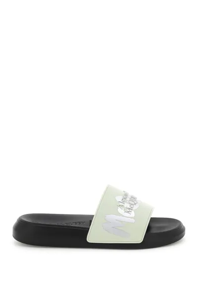 Alexander Mcqueen Graffiti Logo Rubber Slides In Green,black