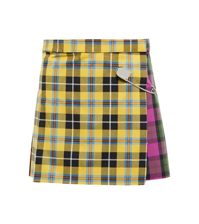 Alanui Tartan Patchwork Mini Kilt Skirt In Dark Yellow