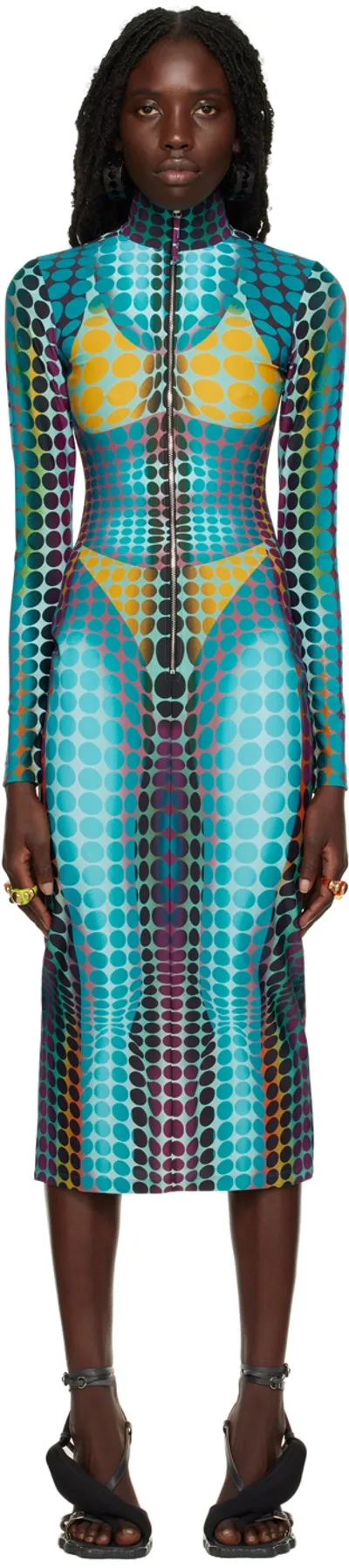 Jean Paul Gaultier Blue Dots Midi Dress In Blue Purple Yellow