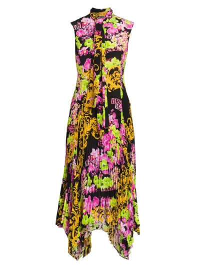 Versace Baroque Orchid Crepe Midi Dress In Black Pink